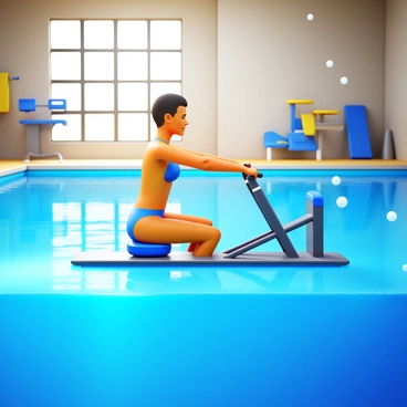A person exercising on a submerged seated row machine in an aquatic gym. The machine is partially submerged in clear blue water, with bubbles rising around it. The individual is wearing a swimsuit and is engaged in a rowing motion, with their arms extended and grasping the handles of the machine. Sunlight filters through the water surface, creating shimmering reflections on the gym's walls. Various aquatic fitness equipment is visible in the background, enhancing the gym's energetic atmosphere.