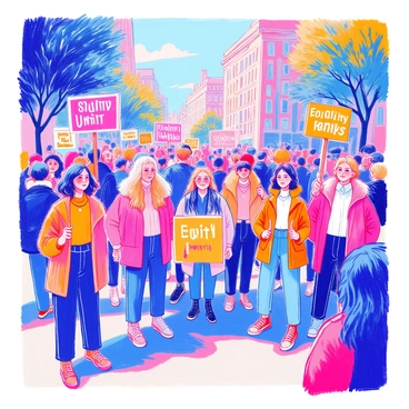 A peaceful protest scene features a diverse group of individuals representing various genders. They are standing together in a public space, united in their cause. Each person is holding colorful signs that display messages promoting "equality" and "unity." The expressions on their faces reflect determination and hope. Surrounding them, a backdrop of trees and buildings provides context to the urban setting. The atmosphere is vibrant and filled with energy as bystanders observe the event.