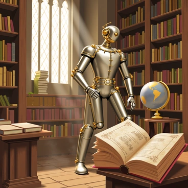 A steampunk-styled Tin Man with intricate brass and copper details is standing in an ancient library filled with towering wooden bookshelves. The Tin Man has a polished metal body adorned with gears and clockwork mechanisms. Dust particles float in the air, illuminated by soft light filtering through stained glass windows. Ancient books with faded covers are scattered on wooden tables, and a large globe stands in the corner, covered in a layer of dust. The Tin Man is observing an ornate, leather-bound book that lies open on a pedestal, with intricate illustrations visible on its pages.