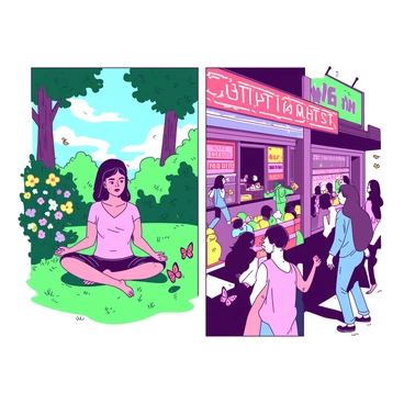 A split scene depicts two contrasting environments. On the left side, a person is sitting cross-legged in a green garden filled with vibrant flowers. Sunlight filters through the leaves of tall trees, casting dappled shadows on the soft grass. The person is wearing comfortable clothing and has a serene expression, surrounded by butterflies fluttering around. 

On the right side, a chaotic scene unfolds with bright neon signboards advertising various temptations. The environment is filled with fast food, vibrant candy displays, and loud crowds. The person looks overwhelmed as they navigate through the busy atmosphere, where colorful items are being waved around and voices are shouting for attention. The stark contrast between the peaceful garden and the chaotic scene is evident in the colors and activities depicted.