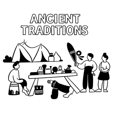 An archaeologist in a field setting, dressed in period-appropriate attire, is preparing a display of ancient artifacts on a wooden table. Various historical items, such as pottery, tools, and textiles, are arranged around the table, reflecting the customs and traditions of a bygone era. In the background, there are several tents styled to resemble an ancient encampment. The archaeologist is demonstrating a traditional ritual, with a large ceremonial object held in one hand, as interested onlookers observe the reenactment. "Ancient Traditions" is written prominently in decorative lettering above the scene.