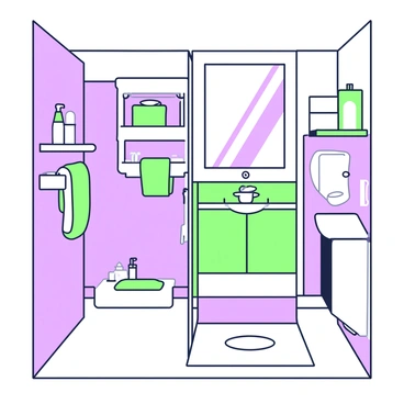A compact bathroom features a sleek design emphasizing clever storage solutions and foldable fixtures. The walls are lined with built-in shelves displaying neatly arranged towels and toiletries. A foldable sink is affixed to the wall, allowing for extra space when not in use. Opposite the sink, a mirrored cabinet offers additional storage while reflecting light to enhance the space. A compact shower unit with a glass door occupies one corner, and beside it, a foldable shower bench is mounted on the wall. The floor is tiled with an efficient drainage system, and minimalistic hardware completes the modern look of the bathroom.