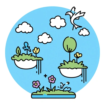 A bright blue sky filled with fluffy white clouds, showcasing several floating islands at various heights. Each island is covered in lush green vegetation, with some featuring cascading waterfalls that spill over the edges. A large, majestic dragon, with shimmering scales, flies gracefully among the islands. A group of colorful birds with elongated tails flits between the trees on one of the islands. In the foreground, a small, sparkling pond reflects the islands above, surrounded by vibrant flowers in various shades of purple and yellow.