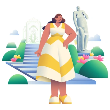 A woman with light skin and long, wavy brown hair is posing confidently near a large, ornate statue in an art deco style garden. She is wearing a stylish, flowing dress with geometric patterns in shades of gold and cream. The statue, made of marble, depicts a graceful figure with stylized features, standing on a decorative pedestal surrounded by lush greenery and neatly trimmed hedges. Brightly colored flowers are blooming nearby, adding vibrant splashes of color to the scene. In the background, there are elegant stone pathways that lead deeper into the garden, enhancing the overall aesthetic.