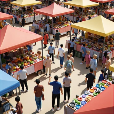 A bustling outdoor market filled with vibrant energy and activity. Colorful tents in shades of red, blue, and yellow are set up, each displaying a variety of items for auction. Stalls are lined with fresh fruits, vegetables, handmade crafts, and textiles. People of diverse backgrounds are interacting, some bidding enthusiastically while others browse the offerings. A vendor with a friendly smile gestures towards a selection of colorful ceramics on display. The scene is lively, with the sun shining down, creating a warm atmosphere.