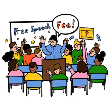 A university lecturer with light skin and short black hair stands in front of a classroom filled with students. The lecturer is wearing a blue button-up shirt and glasses, animatedly discussing the concept of "free speech." Around the lecturer, diverse students with various skin tones and hairstyles are raising their hands and actively participating in the discussion. The classroom is decorated with educational posters and has desks arranged in a semi-circle, fostering an engaging learning environment. The expressions on the students' faces show curiosity and interest in the topic.