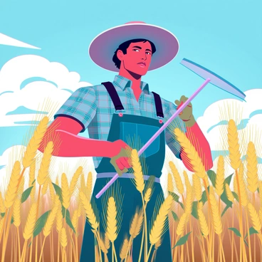 A strong farmer with tanned skin and muscular arms is harvesting golden wheat in a sunlit field. He is wearing a plaid blue shirt, denim overalls, and a wide-brimmed straw hat. The farmer holds a sickle in one hand as he cuts through the tall stalks of wheat. Sunlight casts warm rays across the field, highlighting the vibrant green leaves and the golden hues of the ripe crops. In the background, a blue sky is dotted with fluffy white clouds, adding depth to the scene.