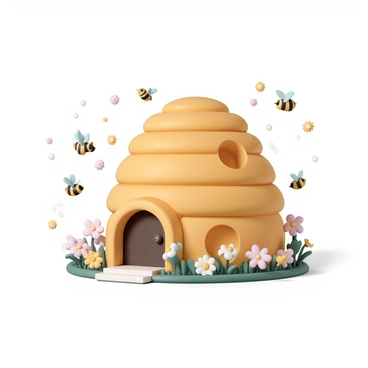 A unique house shaped like a beehive, featuring a rounded structure with honeycomb patterns on the exterior. The house has a warm yellow and brown color palette. It is surrounded by numerous buzzing bees, each with delicate wings and black and yellow stripes. The setting includes a vibrant garden with flowers in various colors, adding to the lively atmosphere. The scene captures the bees flying around the house and landing on the flowers nearby.