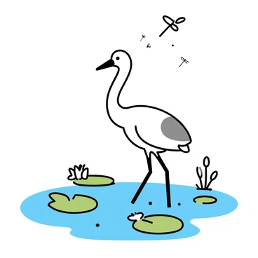 A crane standing in shallow water of a pond, with its long legs partially submerged. The crane has white feathers with a hint of gray on its wings and a slender neck. Around the crane, there are green lily pads floating on the water's surface, some with white flowers blooming. Tiny dragonflies are flitting above the pond, their wings shimmering in the light. The scene is calm, with reflections of the crane and lily pads visible in the water.