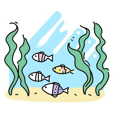 A group of small, colorful fish swimming among the green strands of kelp in a nursery setting. The fish have various patterns, including stripes and spots, and they are surrounded by the flowing, wavy kelp that provides shelter. Sunlight filters through the water, creating dappled light patterns on the sandy ocean floor below. The scene captures the sense of a safe haven for the young fish among the tall, swaying kelp.