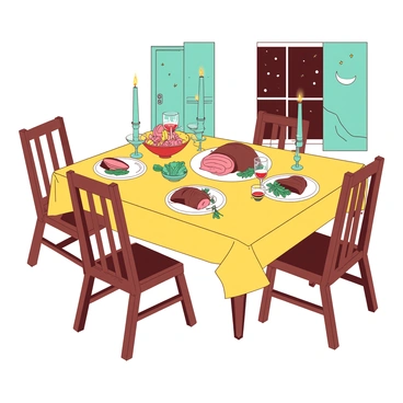 A yellow dining table is set for a family dinner, surrounded by four wooden chairs. On the table, there are white plates with portions of tender brisket, garnished with fresh herbs. The scene is illuminated by several flickering teal candles placed in ornate holders, casting a warm glow. A bowl of mixed vegetables sits beside the brisket, and there are glasses filled with red liquid ready for toasting. In the background, a window shows a night sky dotted with stars.
