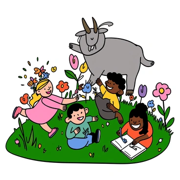 A cartoon illustration of "Baphomet" with goat features and humanoid form, playfully interacting with a group of children in a colorful meadow. The meadow is filled with vibrant flowers in various colors, and green grass stretches out under a clear blue sky. Baphomet has a cheerful expression, engaging with a girl with light skin and blonde hair, who is laughing as she chases after a butterfly. Nearby, a boy with dark skin and curly hair is building a small flower crown, while another child with medium skin and straight black hair is sitting on the grass, drawing in a notebook. The scene radiates joy and playfulness, with the children smiling and the sunlight illuminating the meadow.