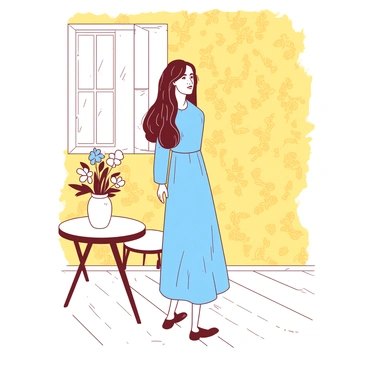 A woman with long brown hair is standing in a room, looking intently at the "yellow wallpaper" that covers the walls. The wallpaper features intricate patterns that are slightly faded. The room has a simple wooden floor and a small round table beside her, adorned with a "white vase" containing fresh flowers. Soft light filters through a "white window curtain," casting gentle shadows on the floor. The woman's expression is focused, and she wears a simple "blue dress" that contrasts with the yellow of the wallpaper.