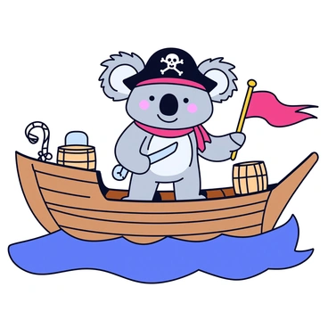 A playful koala with fluffy gray fur and large, round ears is dressed in a classic pirate outfit. The koala wears a black pirate hat adorned with a white skull and crossbones, along with a red bandana tied around its neck. It stands confidently on the wooden deck of a pirate ship, surrounded by ropes, barrels, and a fluttering pirate flag. The koala has a mischievous grin, holding a toy cutlass in one paw, while the ocean waves crash against the ship's side in the background.