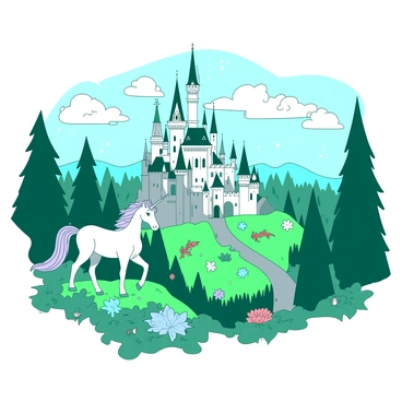 A duotone mural features a grand castle with tall spires and intricate architectural details. The castle is situated in the center of the image against a backdrop of lush green forests filled with trees. Surrounding the castle, there are mythical creatures, including a graceful unicorn with a shimmering mane and a small dragon perched on one of the castle's towers. The enchanted forest is filled with colorful flowers and sparkling lights, adding to the magical atmosphere of the scene. The sky above the castle is filled with soft clouds, creating a serene ambiance in the mural.