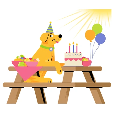 A friendly dog with golden fur wearing a colorful party hat sits at a wooden picnic table. The table is adorned with a vibrant tablecloth and is surrounded by various delicious party snacks, including a large birthday cake with candles, bowls of bright fruit, and a plate of treats. Sunlight streams down, illuminating the scene, while colorful balloons float nearby, adding to the festive atmosphere.