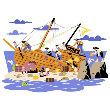 A dramatic shipwreck lies on a rocky shore, with splintered wood and tattered sails scattered across the jagged rocks. Waves crash against the shore, sending white foam into the air. A group of pirates, dressed in ragged clothing and wide-brimmed hats, are rummaging through the wreckage, searching for valuables. Some pirates are climbing over the debris, while others are inspecting chests and broken barrels. In the background, dark storm clouds gather above the scene, adding to the tension of the moment. A parrot sits perched on a nearby rock, observing the activity.