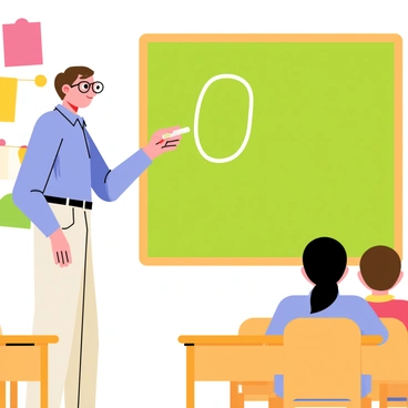 A teacher with glasses and short brown hair is standing in front of a green chalkboard in a classroom. The teacher is wearing a light blue shirt and beige pants. They are holding a piece of white chalk in their right hand and are drawing a large "0" in the center of the chalkboard. The classroom is filled with wooden desks and colorful educational posters hanging on the walls. A few students can be seen sitting at their desks, watching the teacher intently.