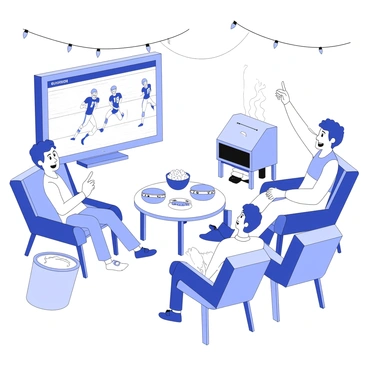 A group of friends is gathered in a backyard, watching a sports game on an outdoor television mounted on the wall. The friends are sitting on comfortable patio furniture, with a picnic table nearby filled with various BBQ foods such as burgers, hot dogs, and a bowl of potato salad. One friend is holding a drink in one hand, while another is pointing enthusiastically at the screen. The television displays a close-up of a football game, with players in action. There are decorations such as string lights overhead, and a grill is seen smoking in the corner with flames flickering.