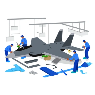 An F35 jet being assembled in a spacious factory. The jet features sleek, angular lines and is partially completed, showcasing its fuselage and wings. Workers in blue uniforms are focused on different assembly tasks, using tools and machinery. Large overhead lights illuminate the area, highlighting the shiny metal parts of the aircraft. Various components and tools are scattered around the assembly line, creating a busy, industrial atmosphere.