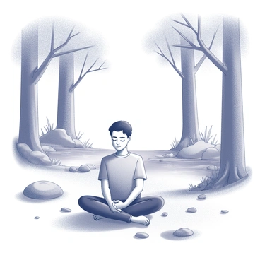 A person sitting cross-legged on the ground, with hands resting on their knees. The individual has closed eyes, illustrating a state of deep meditation. Surrounding them are tall trees with thick trunks and broad leaves, creating a natural enclosure. There are scattered rocks and a small patch of grass beneath them. In the background, a gentle stream flows, indicated by the presence of smooth stones lining its banks. The overall scene conveys a sense of calmness and connection to nature.