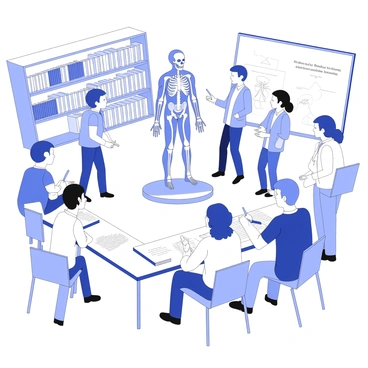 A group of medical students is gathered around a detailed anatomical model in a classroom. The model displays various human organs and systems in an educational arrangement. Each student is actively engaged, with some pointing at the model, while others take notes. There are desks filled with textbooks and notebooks around them. The classroom is equipped with shelves of medical reference materials, and a chalkboard is visible in the background, featuring diagrams and annotations related to anatomy.