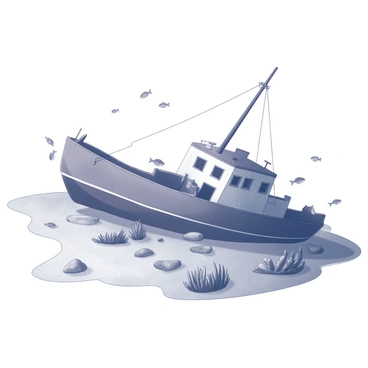 A shipwreck lies on the ocean floor, its hull partially buried in the sand. The vessel has a broken mast and jagged edges, giving it a weathered appearance. Schools of small fish swim around the wreck, darting in and out of the openings in the structure. The surrounding seafloor is covered with patches of coral and scattered rocks, creating a habitat for various marine life. Sunlight filters down from above, casting soft shadows on the wreck and illuminating the underwater scene.