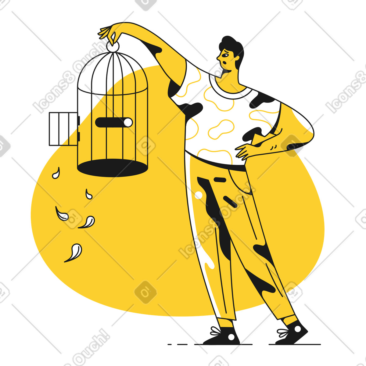 Birdcage escape, Something went wrong concept illustration in Taxi style download in PNG, SVG