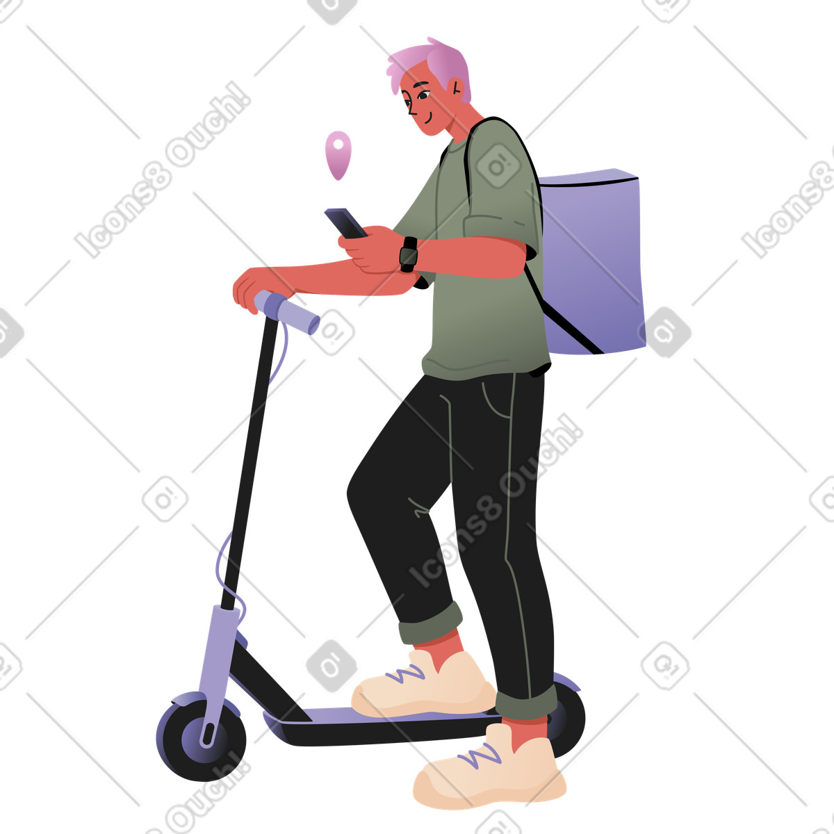 Ilustración Repartidor con un teléfono en scooter eléctrico estilo Coworking a descargar PNG y SVG