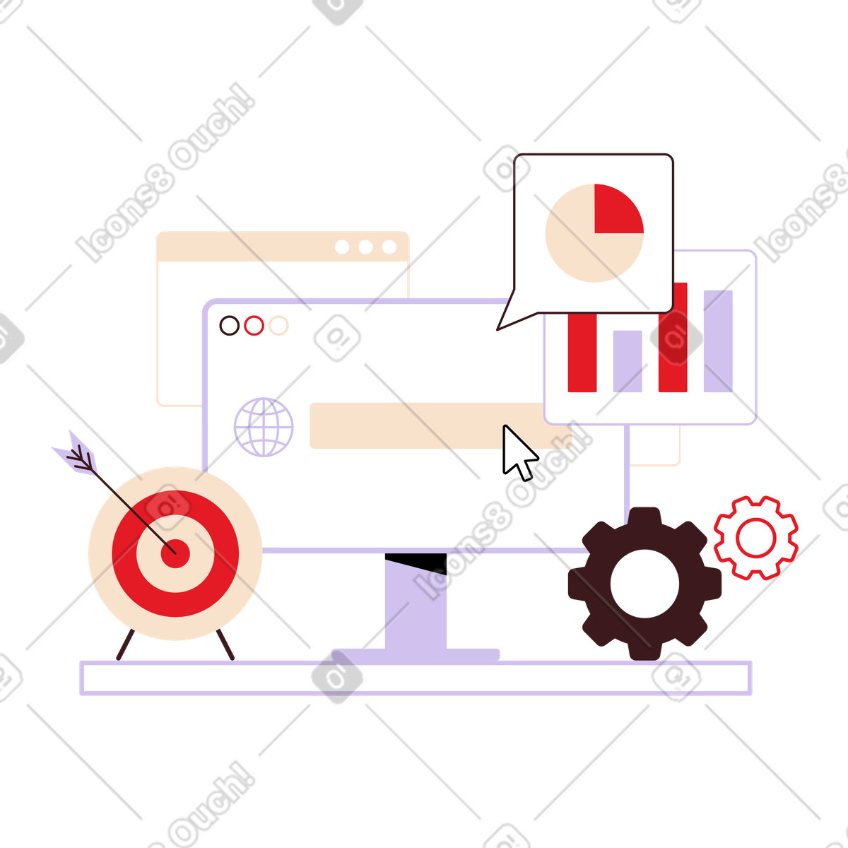 Computer screen with data reports, target and cogwheels, Website traffic SEO growth illustrazione in stile Folks scarica in PNG, SVG