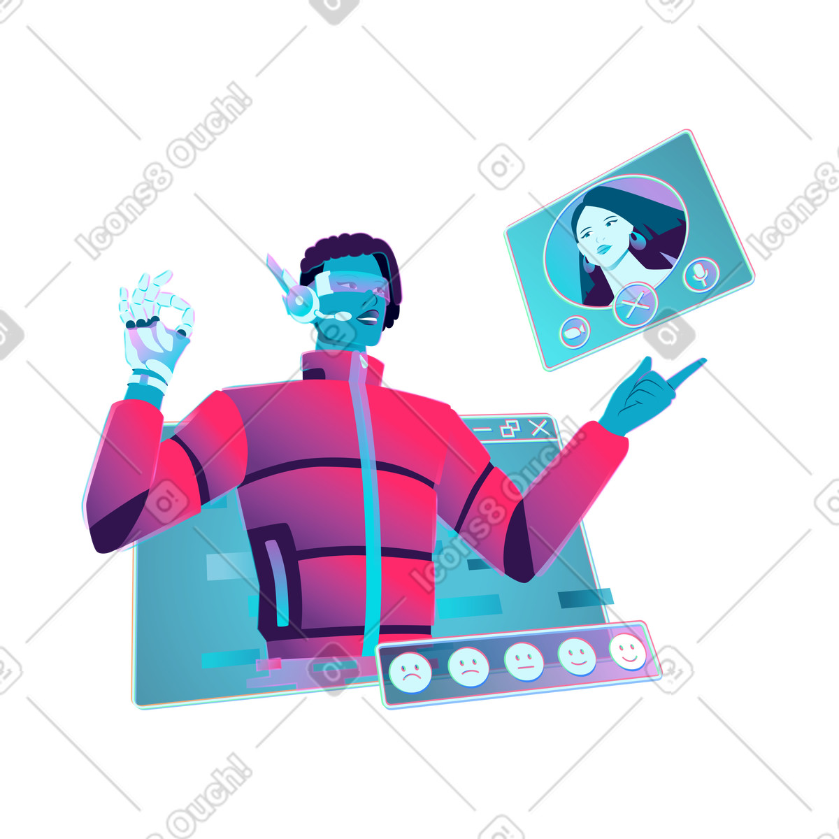 Junger mann im unterstützungsdienst hilft, das problem einer frau zu lösen-Illustration Neon-Stil als Download in PNG, SVG