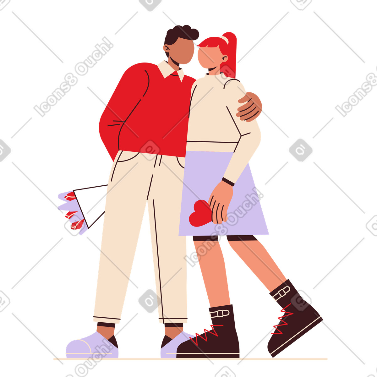 Couple embracing with flowers and heart, Romantic date love illustration in Folks style download in PNG, SVG