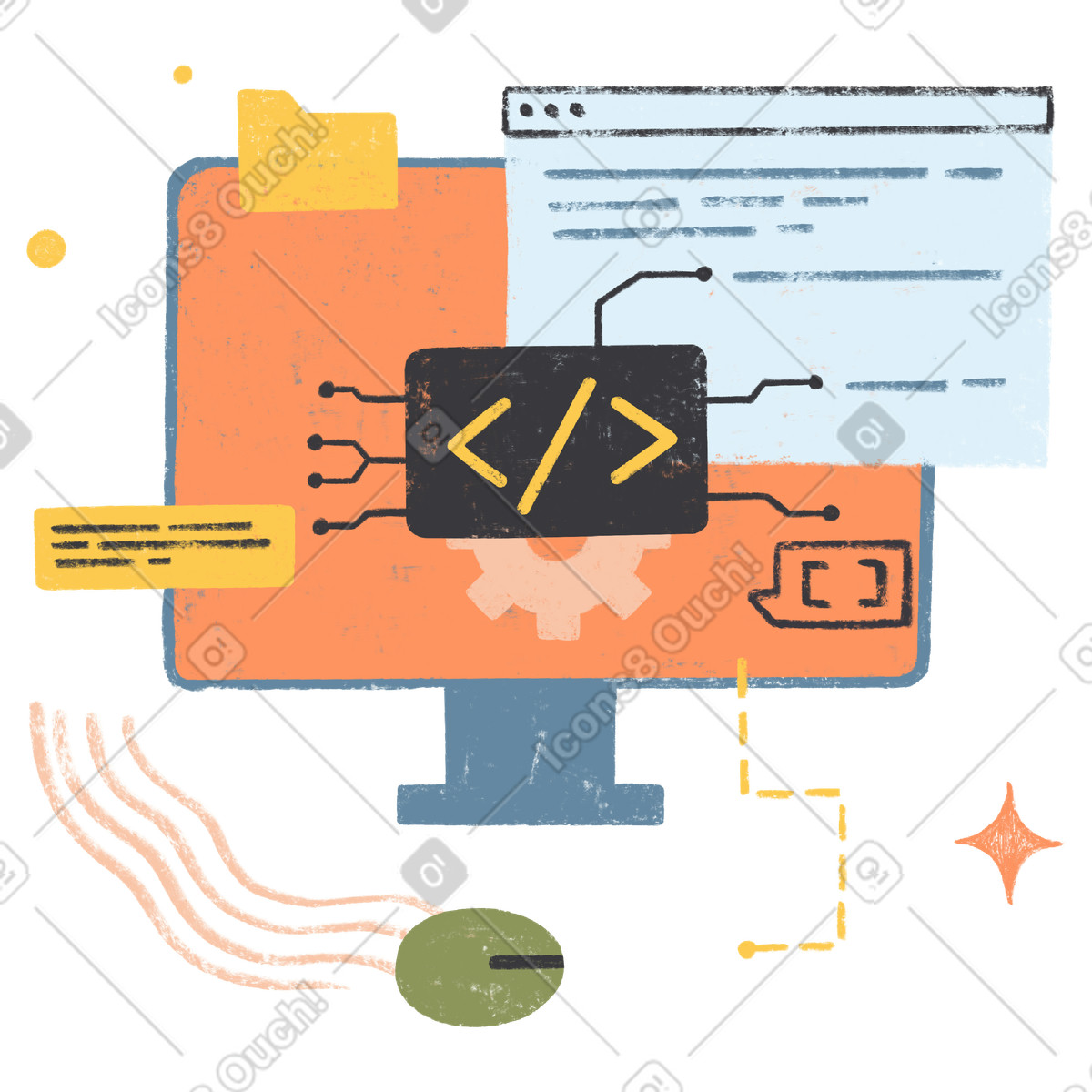 Computer with coding elements, Basics of programming for children illustration in Chalky style download in PNG, SVG