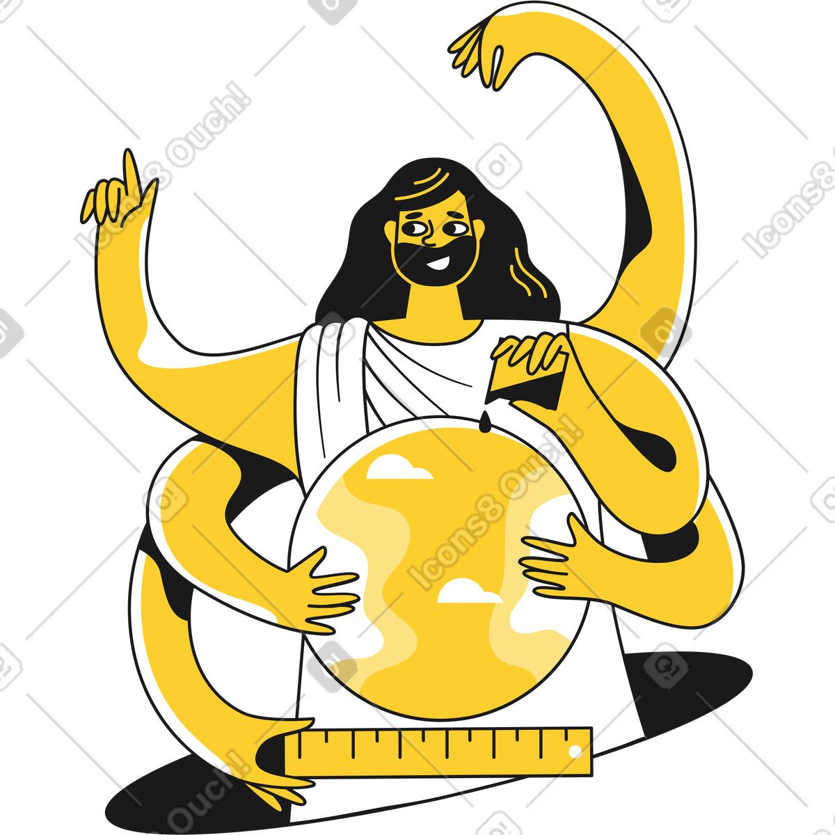 Sechsarmgott mit planet animierte Illustration im Taxi-Stil als Download in GIF, Lottie (JSON), AE
