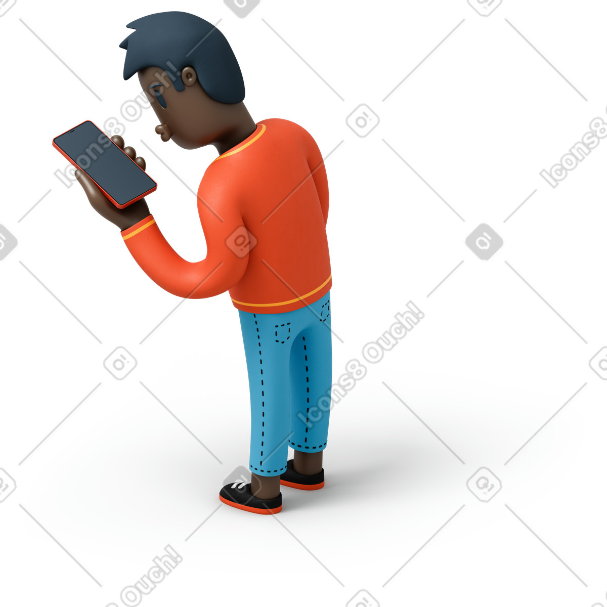 Back view of a black man with smartphone illustration in 3D Flame style download in PNG, SVG