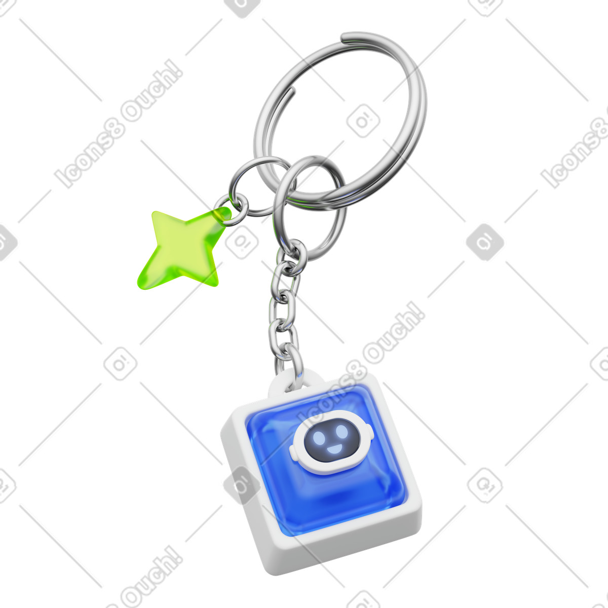 Ilustración Tecla con llavero de chatbot y dije estrella, accesorio tecnológico divertido en estilo 3D Playful a descargar en PNG SVG