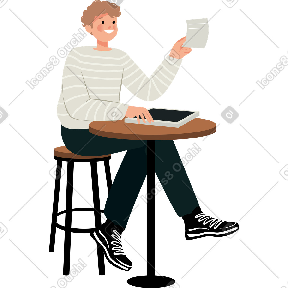 Ilustração de Menino sentado no banco do bar e segurando um documento em estilo Lagom para baixar em PNG, SVG