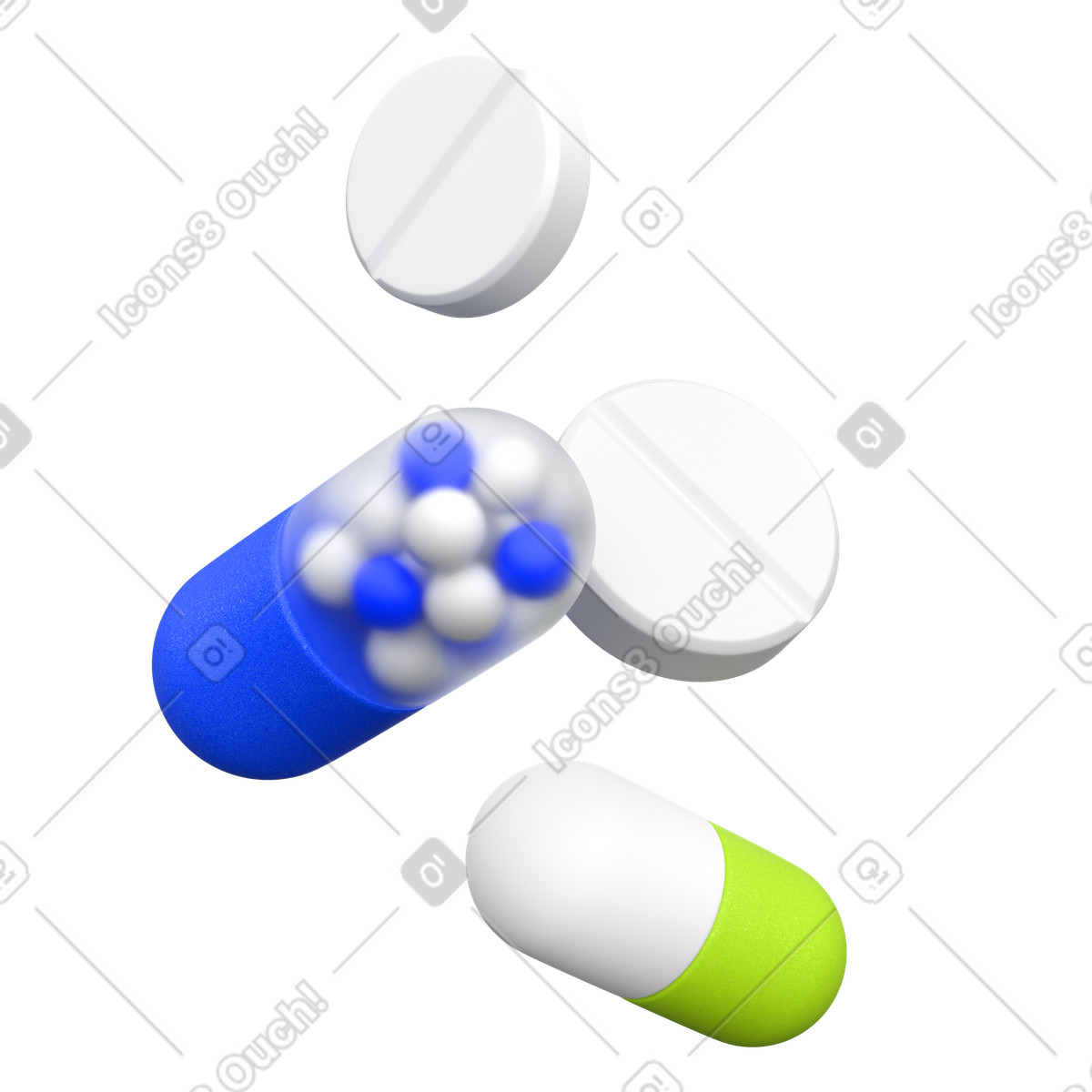 Ilustración Surtido de pastillas medicinales, cápsulas y comprimidos mixtos, gráfico farmacéutico sanitario en estilo 3D Enterprise a descargar en PNG SVG