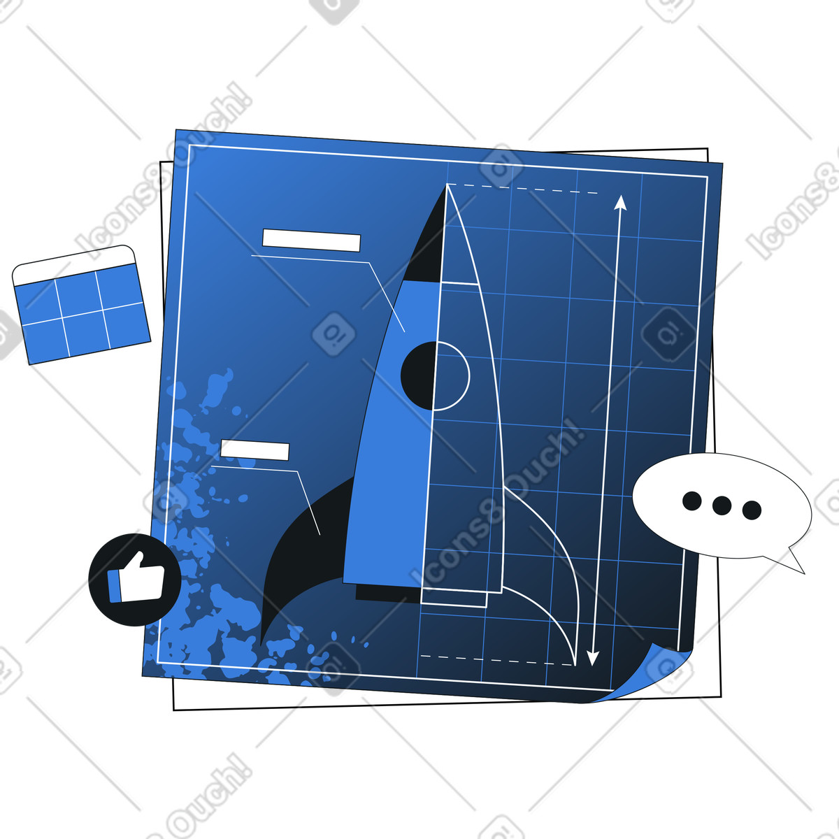 Technical rocket drawing on blueprint, startup and project launch strategy illustration in Midnight style download in PNG, SVG