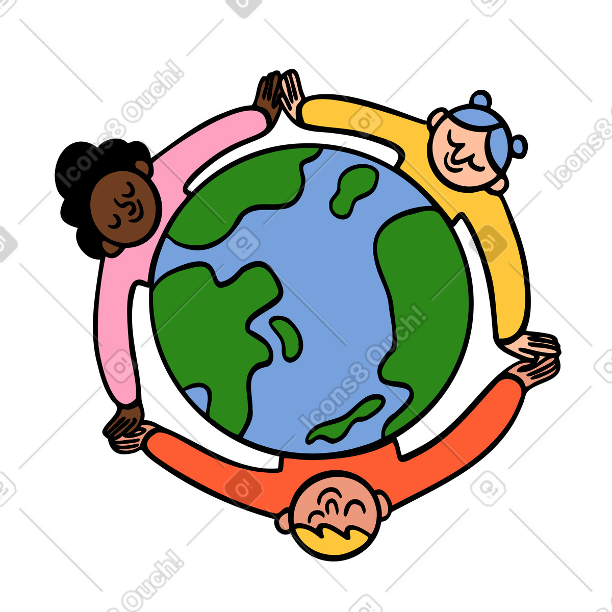 Pace nel mondo: le persone abbracciano il pianeta terra illustrazione in stile Comic scarica in PNG, SVG