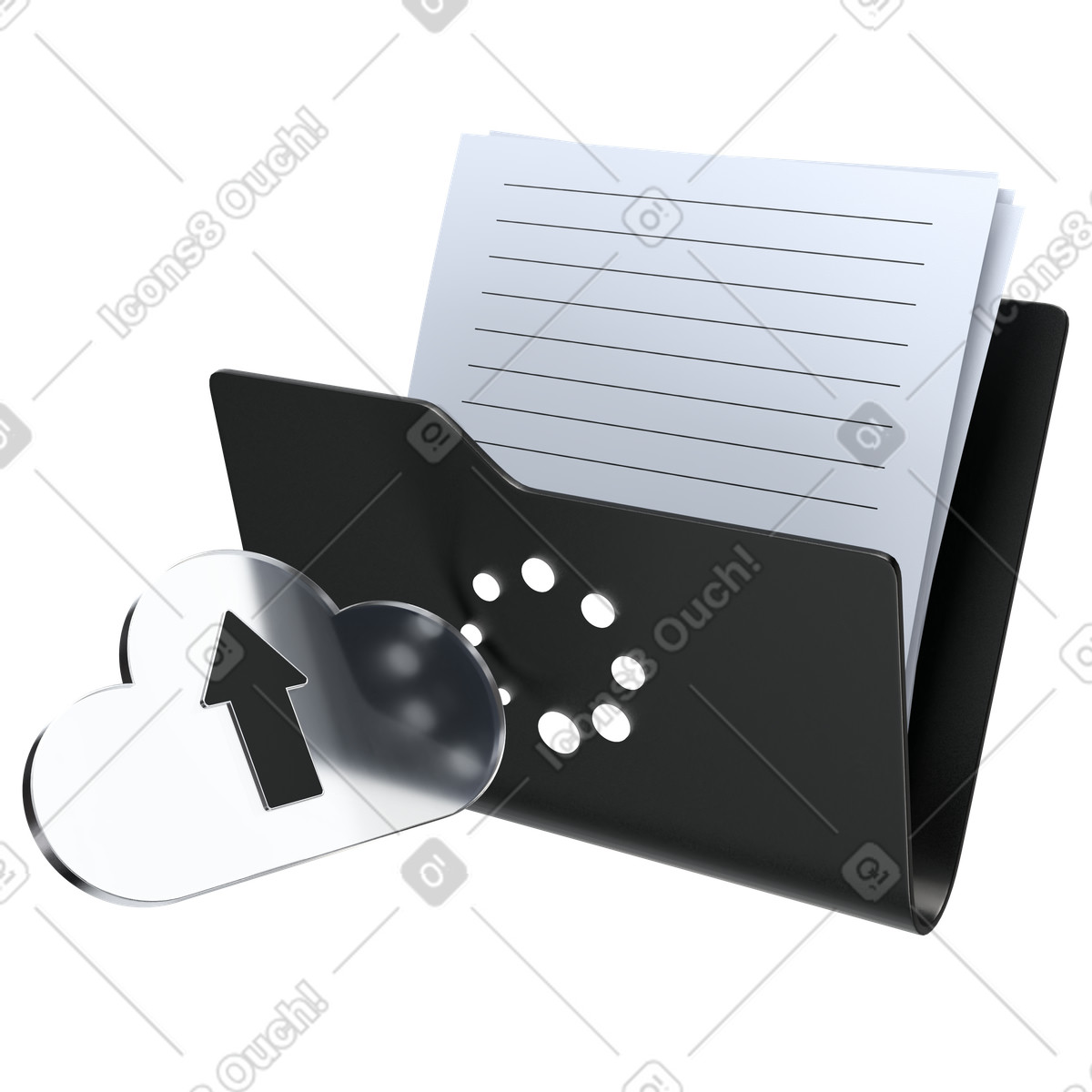 Documenti in cartella con caricamento cloud, archiviazione online e migrazione dei dati digitali illustrazione stile 3D Pro scarica PNG, SVG