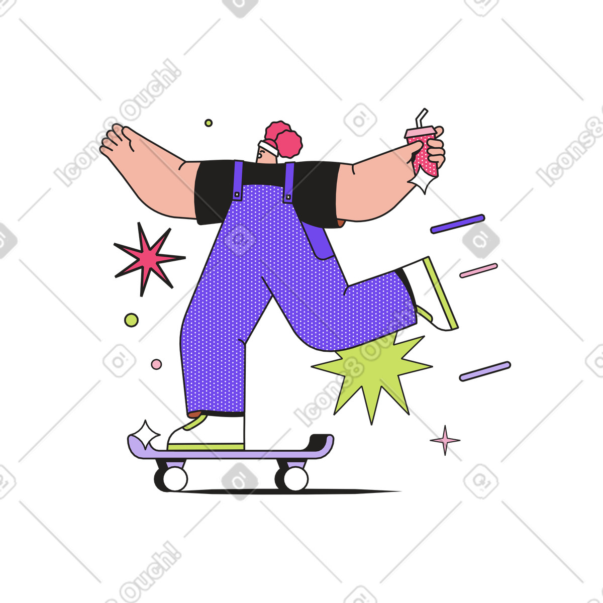 Анимированная иллюстрация Skater riding skateboard with drink, Urban recreation and fun outdoor activity в стиле Dazzle — скачать в форматах GIF, Lottie (JSON), AE