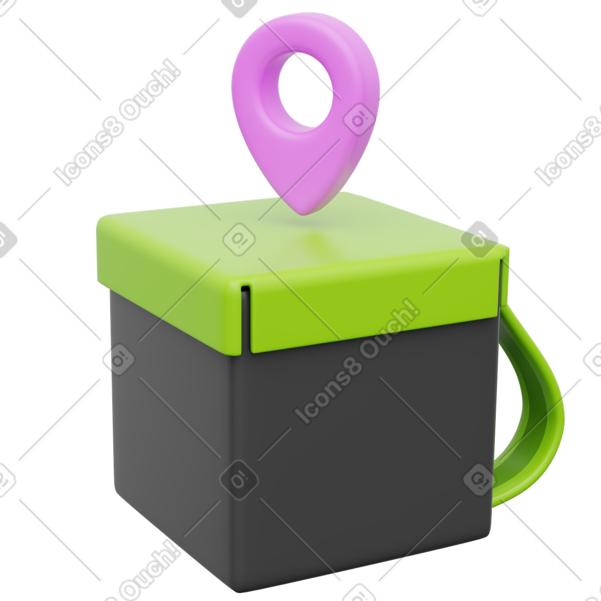 Package tracking location pin on storage box for delivery monitoring illustration in 3D Playful style download in PNG, SVG