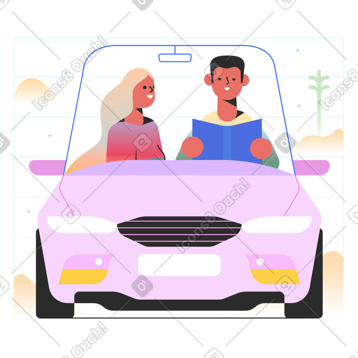 Marginalia スタイルの Man and woman in self-driving car のアニメーションイラストをGIF、Lottie (JSON)、AEでダウンロード