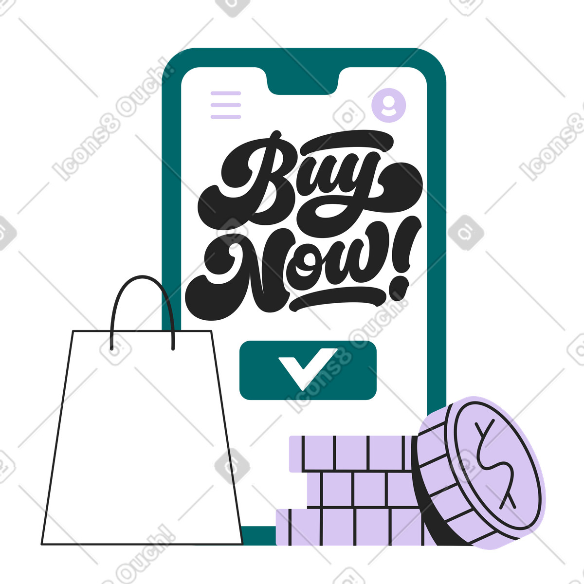 Illustration Lettrage acheter maintenant avec téléphone dans le style Sammy Line à télécharger aux formats PNG, SVG