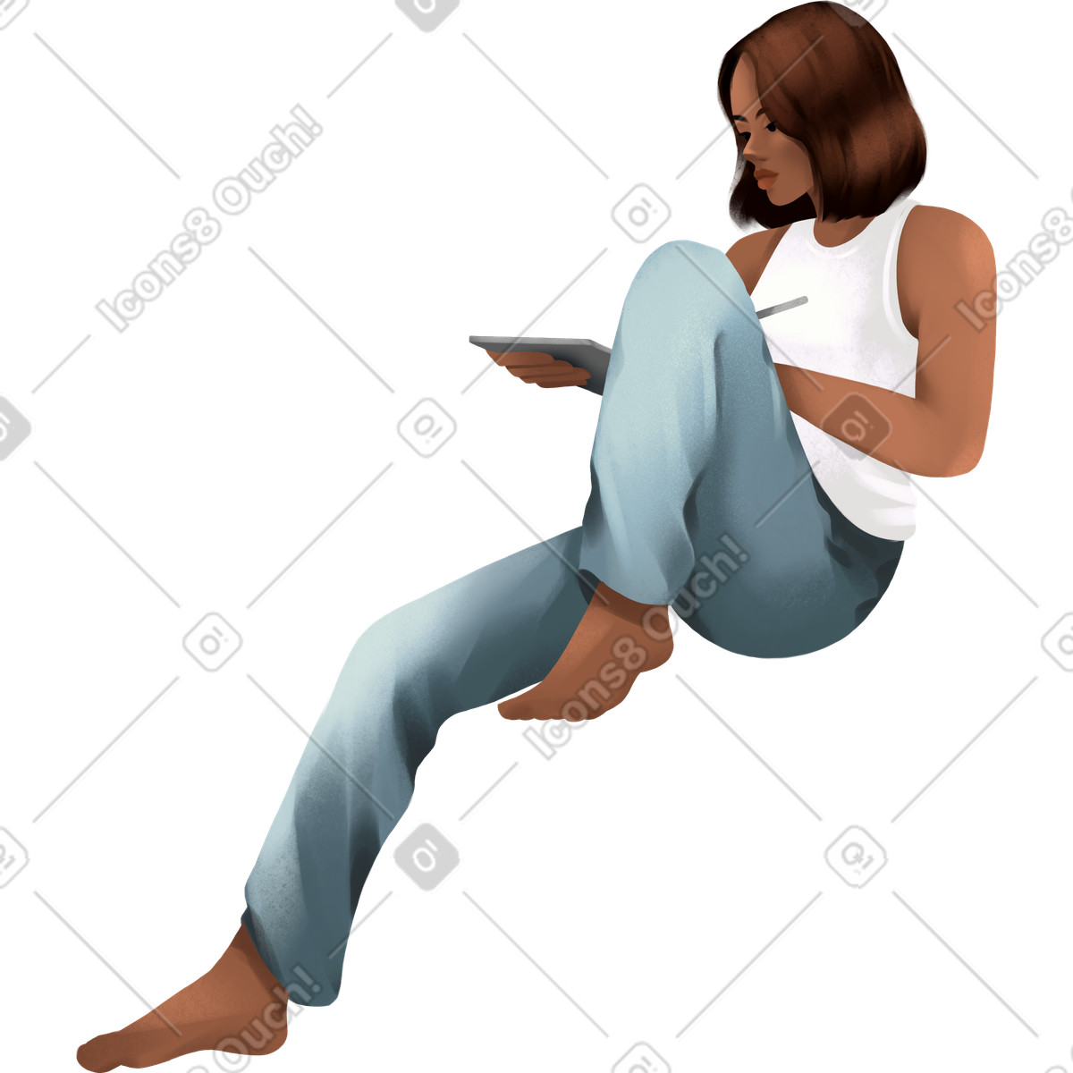 Young woman sitting with a tablet in her hands-Illustration im Demure-Stil als Download PNG, SVG