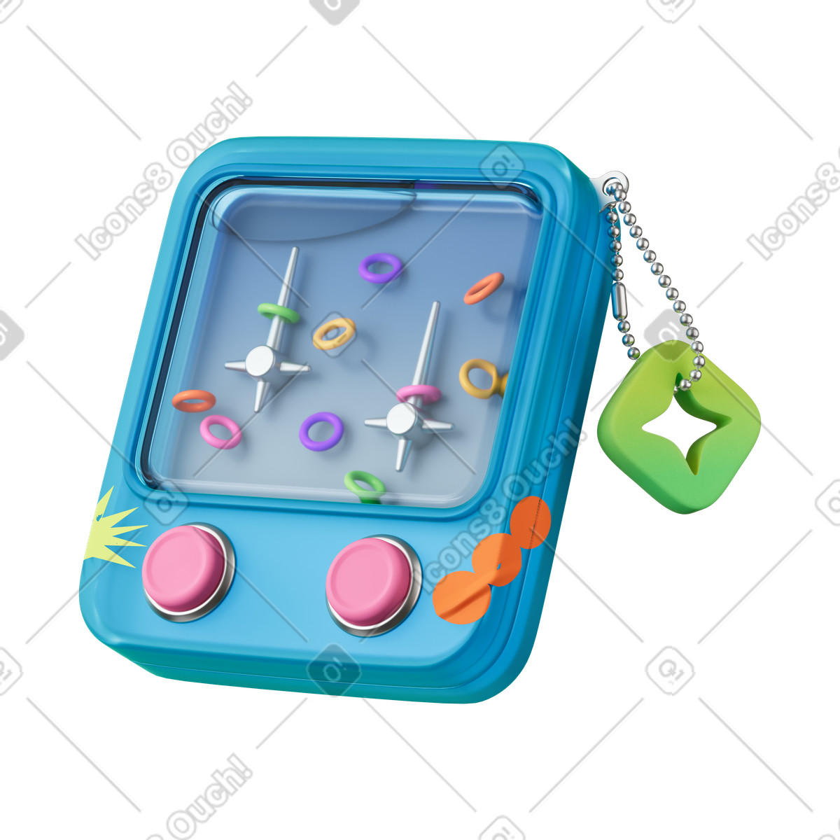 下载 3D Stickle 风格的 Water ring toss handheld game with pink buttons and keychain 插画，支持 PNG、SVG 格式