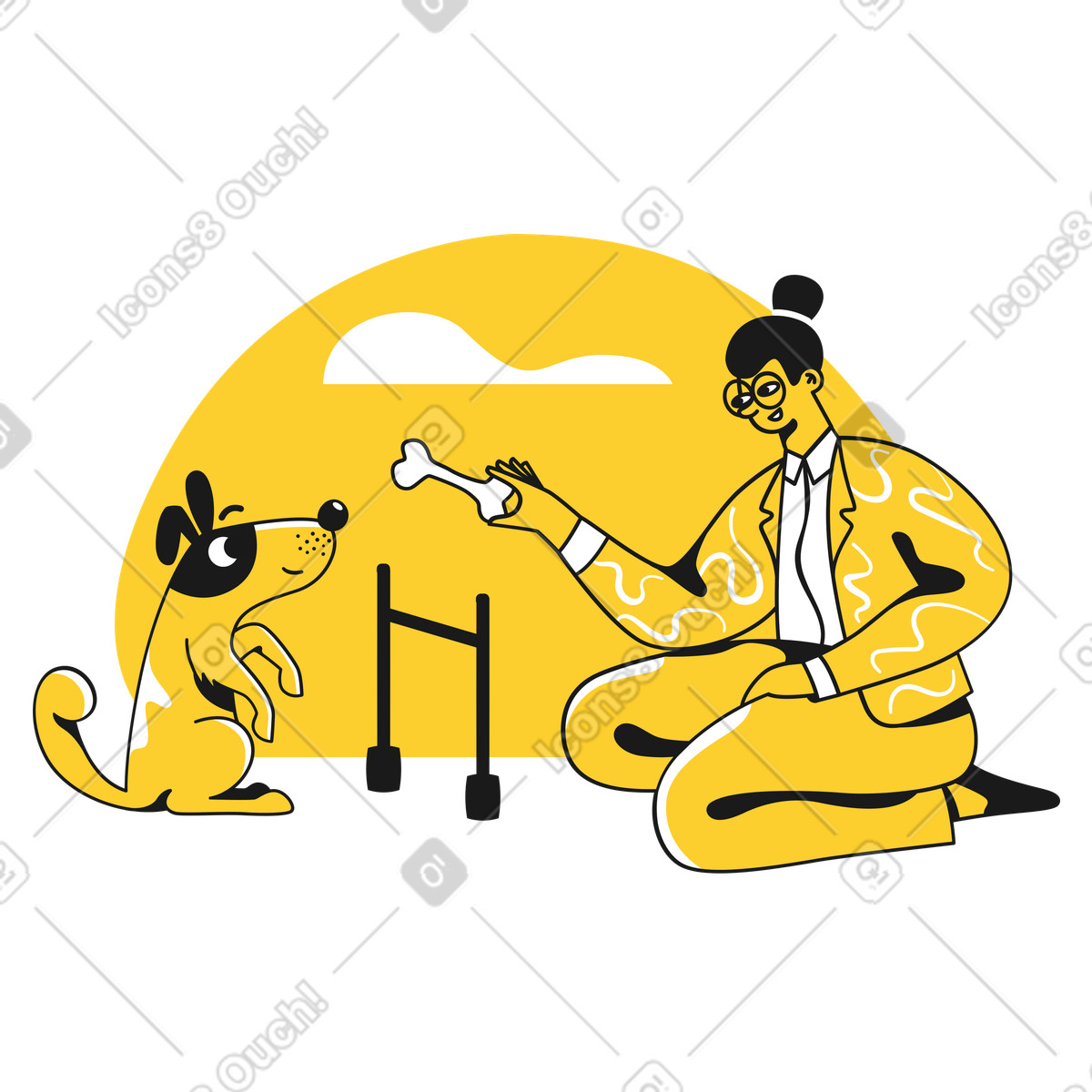 Taxi 스타일의 뼈 간식으로 장애물을 뛰어넘도록 개를 훈련시키는 여성 일러스트레이션 PNG, SVG 다운로드