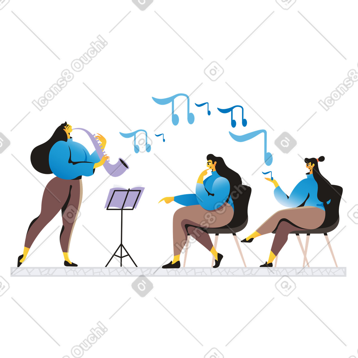 Female musicians playing a concert illustration in Jaconda style download in PNG, SVG