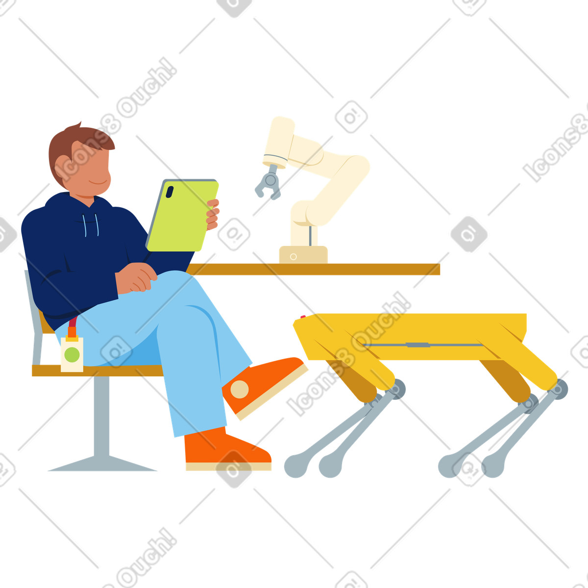 Ingegnere che controlla un cane robotico con tablet, sviluppo e test della robotica illustrazione in stile Catchy scarica in PNG, SVG